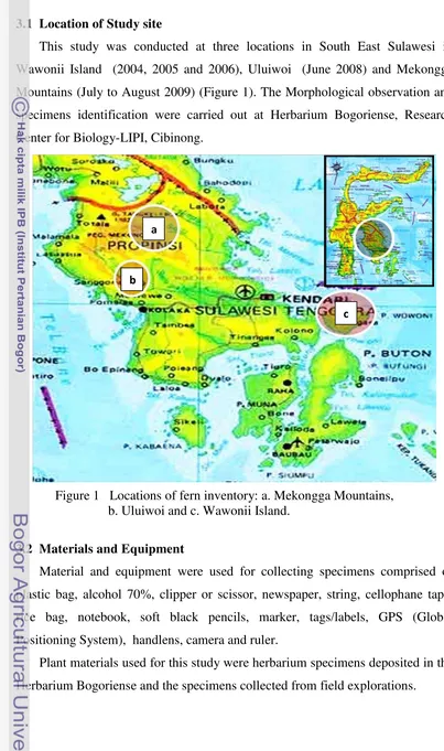Figure 1   Locations of fern inventory: a. Mekongga Mountains,  