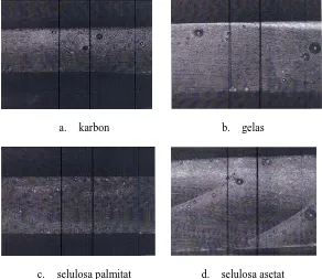 Gambar 3. Morfologi komposit dengan berbagai jenis serat (a) karbon (b) gelas, (c) selulosa palmitat, (d) selulosa asetat 