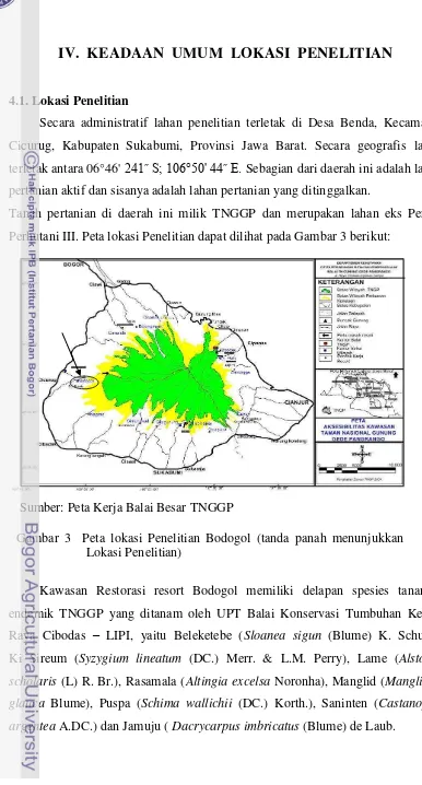 Gambar 3  Peta lokasi Penelitian Bodogol (tanda panah menunjukkan  