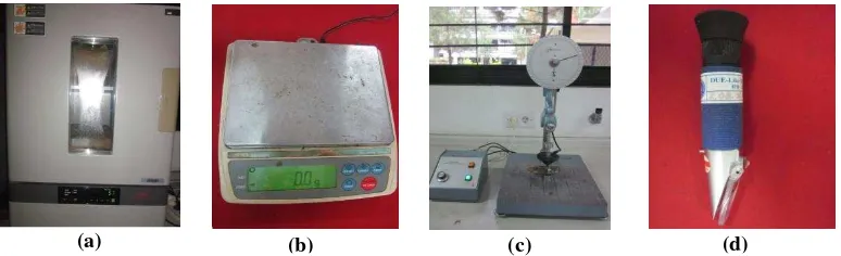 Gambar  2. Alat Percobaan; a. Alat Pengering Oven; b. Timbangan Analitik; c. Penetrometer; d