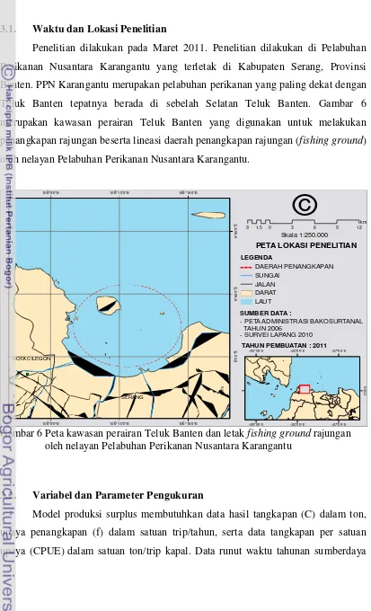 Gambar 6 Peta kawasan perairan Teluk Banten dan letak fishing ground rajungan  