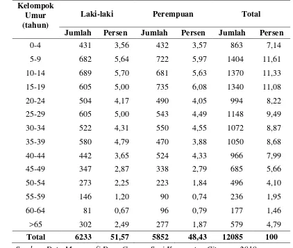 Tabel  5.  Penduduk Desa Gunung Sari Menurut Kelompok Umur dan Jenis Kelamin Tahun 2010 (dalam jumlah dan persen) 
