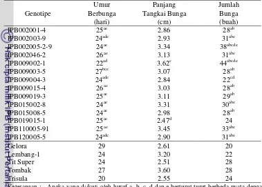 Tabel 4. Nilai Rataan Umur Berbunga, Panjang Tangkai Bunga, dan Jumlah Bunga 14 Galur dan 5 Varietas Pembanding Cabai 