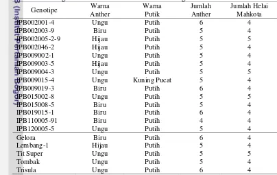 Tabel 12. Warna Anter, Warna Putik, Jumlah Anter, dan Jumlah Helai Mahkota 