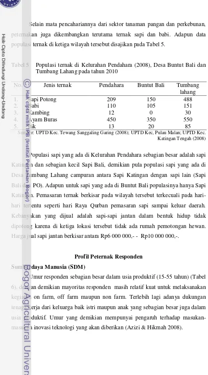 Tabel 5  Populasi ternak di Kelurahan Pendahara (2008), Desa Buntut Bali dan 