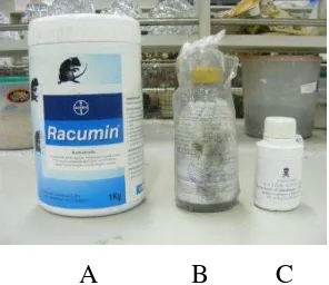 Gambar 7  Jenis racun yang digunakan dalam pengujian, kumatetralil 0,75%     (A), seng fosfida 80% (B), dan bromadiolon 0,25% (C)