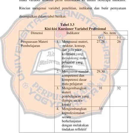Tabel 3.3 Kisi-kisi Kuesioner Variabel Profesional 