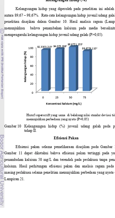 Gambar 10 Kelangsungan hidup (%) juvenil udang galah pada penelitian                       