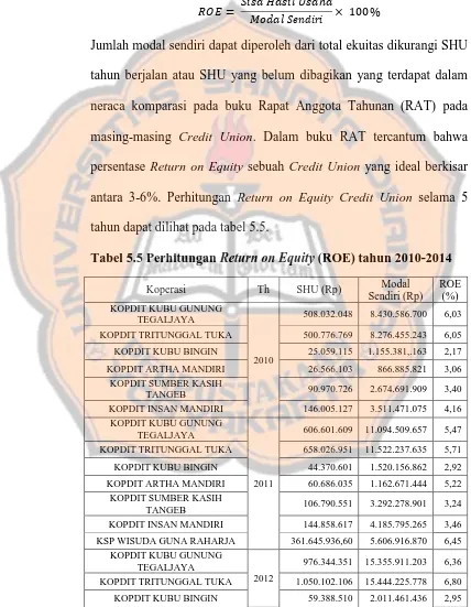 Tabel 5.5 Perhitungan Return on Equity (ROE) tahun 2010-2014 