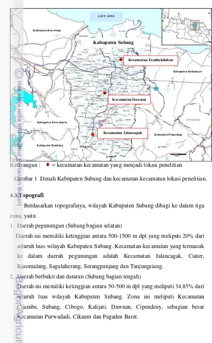 Gambar 1  Denah Kabupaten Subang dan kecamatan-kecamatan lokasi penelitian. 