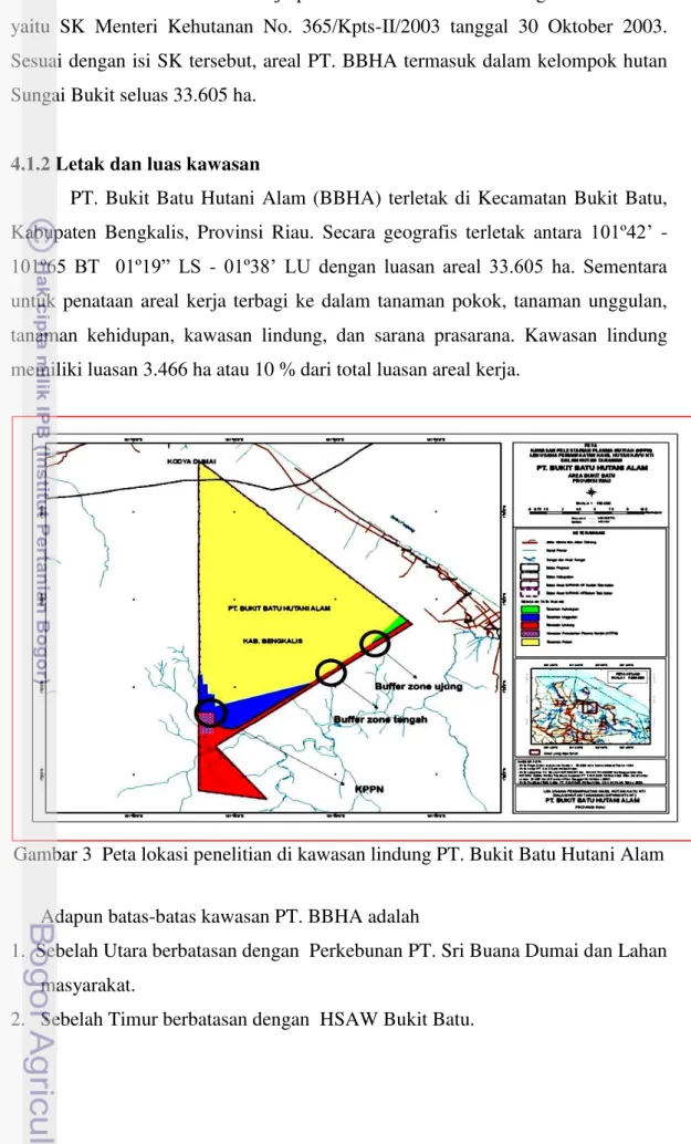 Gambar 3  Peta lokasi penelitian di kawasan lindung PT. Bukit Batu Hutani Alam 