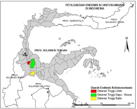 Gambar 1. Persebaran daerah endemis schistosomiasis di Indonesia (Sumber: Balai Litbang P2B2 Donggala) 