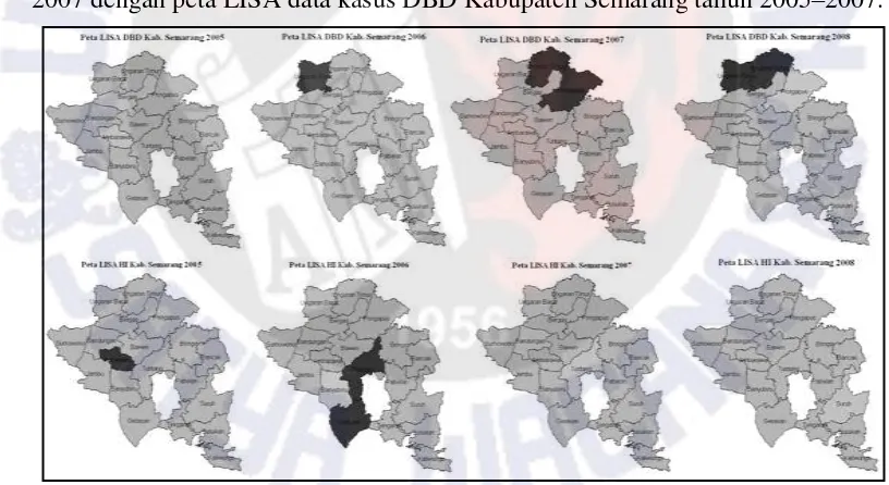 Gambar 14 merupakan perbandingan antara peta LISA 2007 dengan petaHI tahun 2005- LISA data kasus DBD Kabupaten Semarang tahun 2005–2007