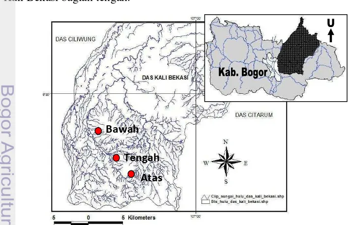 Gambar 3. Peta lokasi penelitian di kawasan Hulu DAS Kali Bekasi 