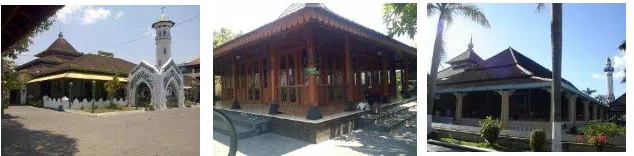 Gambar 1.   Masjid-masjid di Surakarta yang berarsitektur Tradisional Jawa; kiri-kanan: Masjid Al Wustho, Masjid Jannatul Firdaus dan Masjid Agung  (sumber : dokumen penulis,2013) 