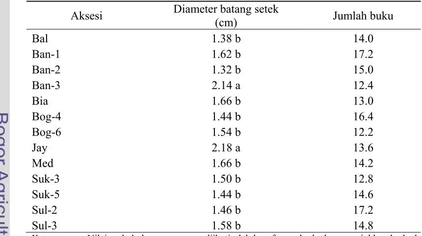 Tabel 6.    Diameter batang setek dan  jumlah buku setek 13 aksesi jarak    pagar di pembibitan (0 MSP) 