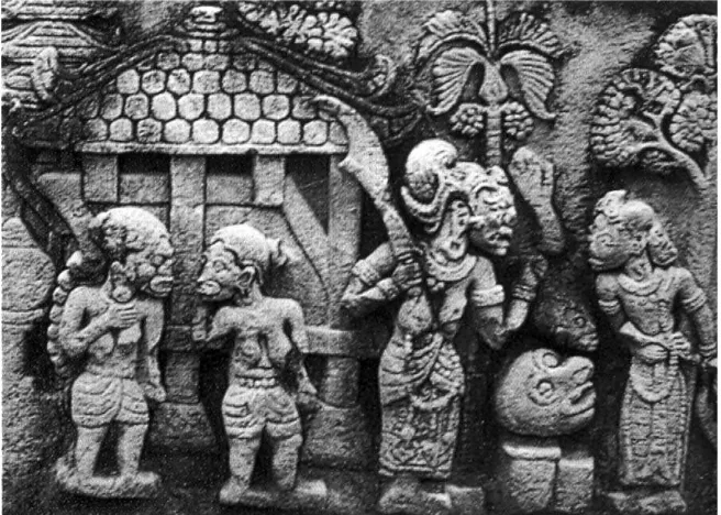 Gambar 1.24 Relief cerita Sudamala pada Candi Sukuh di Jawa Timur, tampak bentuknya yang pipih seperti sosok wayang kulit