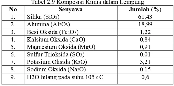Tabel 2.9 Komposisi Kimia dalam Lempung 