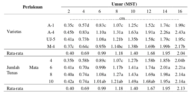 Table 10. Pengaruh Varietas dan Jumlah Mata Tunas Stek terhadap Diameter Batang Tanaman Ubi Kayu (Manihot esculenta Crantz.) 