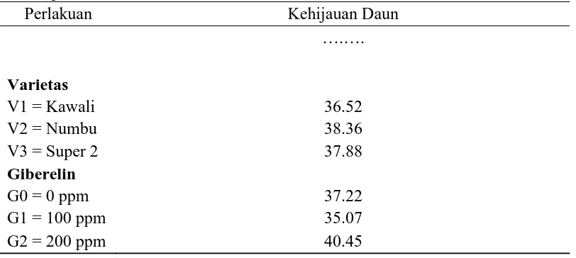 Tabel 5. Rataan kehijauan daun pada perlakuan varietas dan giberelin pada tanah salin 