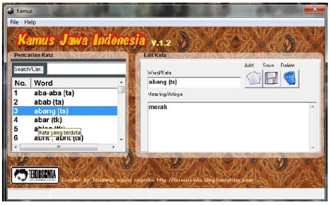 Gambar 5: Aplikasi Kamus Bahasa Jawa (Ngoko)-BahasaIndonesia Menggunakan Visual Basic