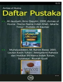 Gambar 13. materi AsmaaHalaman daftar pustaka berisi mengenai daftar buku yang digunakan sebagai rujukan untuk mengisi ’ul Husna yang terdapat pada aplikasi ini