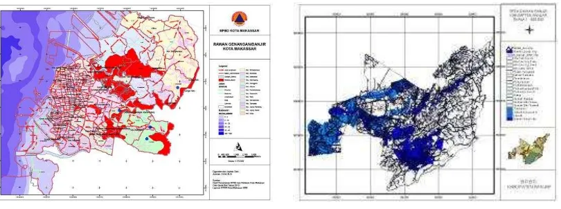 Gambar 7. Contoh Peta Rawan Genangan / Banjir Kota Makasar dan Peta Rawan Banjir Kabupaten Banjar Sumber: BPBD lokasi terkait 