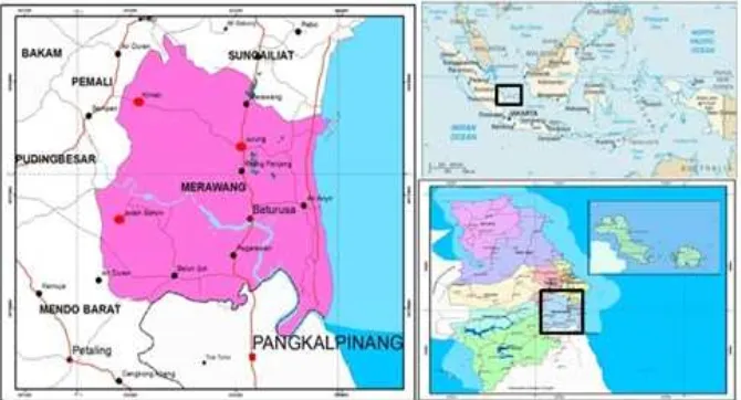 Gambar 1. Peta Kecamatan Merawang dan lokasi penelitian (   ) (Sumber: BPS Kab. Bangka, 2012) 