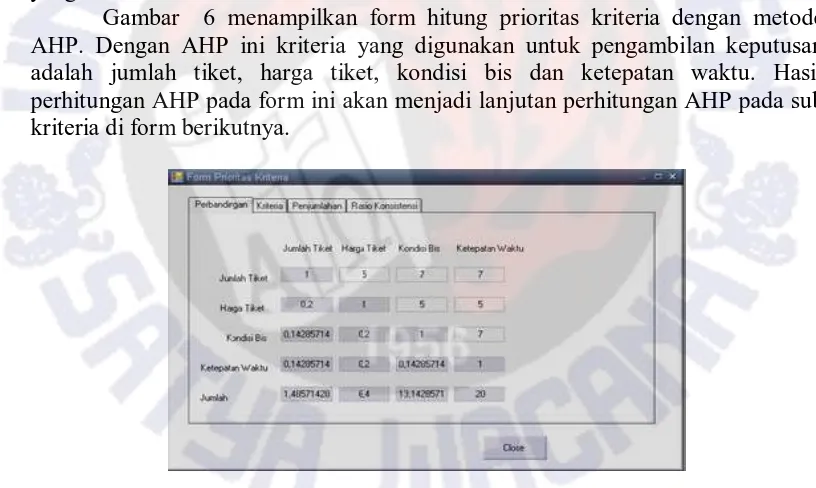 Gambar  6 menampilkan formAHP. Dengan AHP ini kriteria yang digunakan untuk pengambilan keputusan adalah jumlah tiket, harga tiket, kondisi bis dan ketepatan waktu