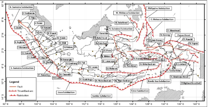 Gambar 2.3 Peta tektonik dan sesar aktif di Indonesia (Sumber : Peta Hazard Gempa Indonesia 2010).