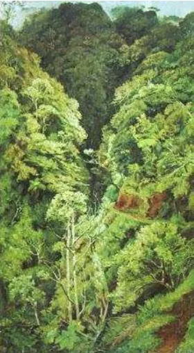 Gambar 1 : 221 cm X 122 cm Cat Minyak di atas kanvas, 1957 Dullah, “Hutan Di Gunung Merapi” (Sumber, http://archive.ivaa-online.org) 