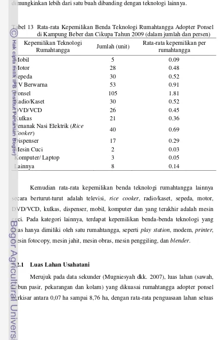 Tabel 13 Rata-rata Kepemilikan Benda Teknologi Rumahtangga Adopter Ponsel 