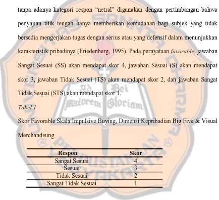 Tabel 1 Skor Favorable Skala Impulsive Buying, Dimensi Kepribadian Big Five & Visual 