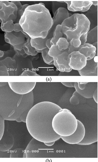 Gambar 5  Foto SEM permukaan nanopartikel tersalut gel kitosan-alginat dengan penaut-silang TPP tanpa (a) dan dengan penambahan ketoprofen (b) pada perbesaran 20 000×