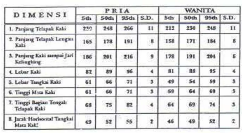 Tabel Data Anthropometri  Kaki Masyarakat Indonesia
