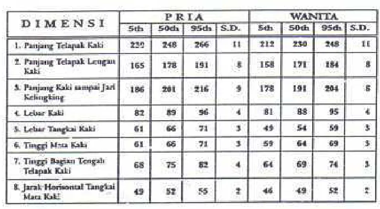 Tabel Data Anthropometri  Kaki Masyarakat Indonesia