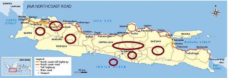 Gambar 1.1. Penyebaran tanah ekspansif di Pulau jawa, daerah yang dilingkari 