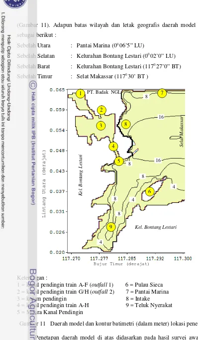 Gambar 11   Daerah model dan kontur batimetri (dalam meter) lokasi penelitian. 