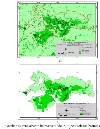 Gambar 14 Peta sebaran biomassa model 2, a) peta sebaran biomassa per piksel, b) peta sebaran biomassa berdasarkan peta areal kerja KPH Kebonharjo