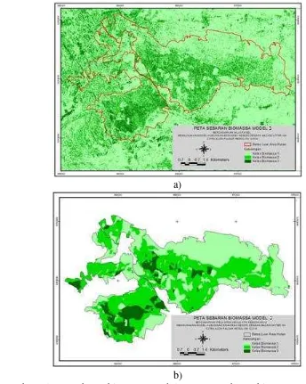 Gambar 15 Peta sebaran biomassa model 3, a) peta sebaran biomassa per piksel, b) peta sebaran biomassa berdasarkan peta areal kerja KPH Kebonharjo
