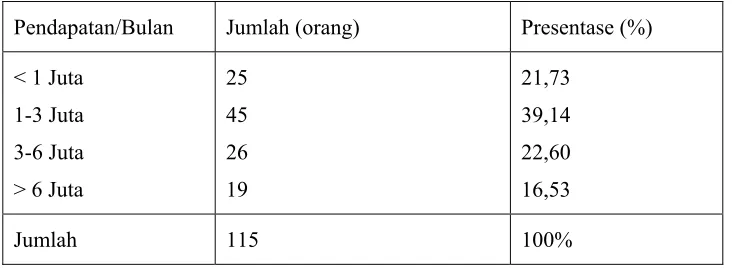 Tabel 4.5 Karakteristik Responden Berdasarkan Jumlah Pendapatan  