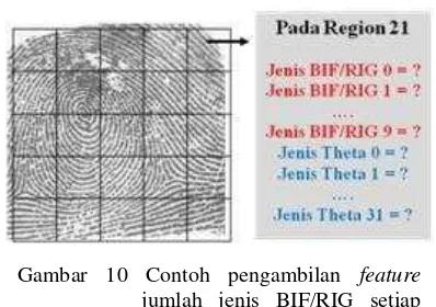 Gambar 10 Contoh pengambilan feature jumlah jenis BIF/RIG setiap region dan jumlah jenis theta setiap region pada region 21