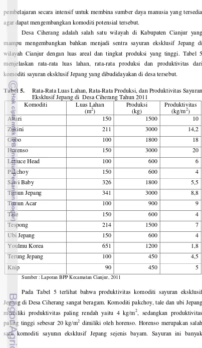 Tabel 5.   Rata-Rata Luas Lahan, Rata-Rata Produksi, dan Produktivitas Sayuran 
