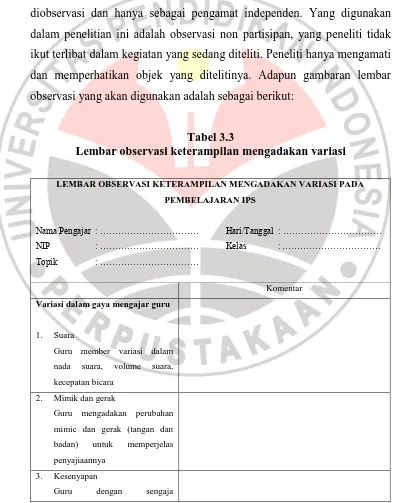 Tabel 3.3 Lembar observasi keterampilan mengadakan variasi 