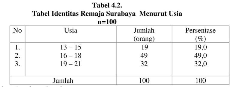 Tabel Identitas Remaja Surabaya  Menurut Usia 