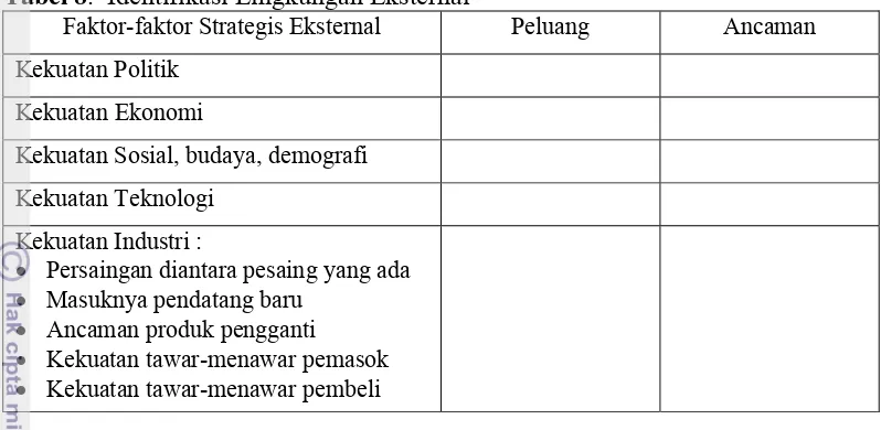 Tabel 8.  Identifikasi Lingkungan Eksternal 