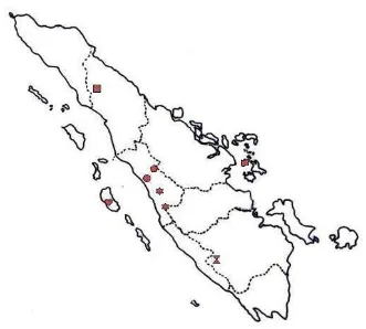 Figure 4. Distribution map of Epigeneium spp. in Sumatra:     E. dempoense (   ), E. exilifolium (   ) E