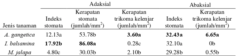 Tabel 6 Indeks stomata adaksial dan abaksial, kerapatan stomata adaksial, kerapatan trikoma kelenjar adaksial dan abaksial di lokasi berbeda 