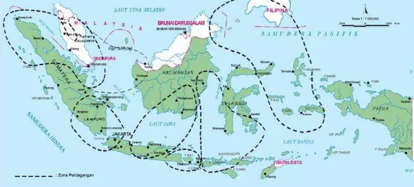 Gambar 1.  Pulau Jawa terletak di jantung persilangan lalu lintas perdagangan di nusantara dan  di sekitar beberapa negara tetangga  (Modifikasi dari Lombard, 1990a) 