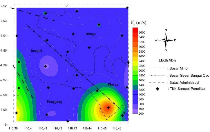 Gambar 21. Mikrozonasi kecepatan gelombang geser pada batuan dasar ( Vb) dioverlay dengan peta geologi di kawasan jalur Sesar Sungai Oyo 